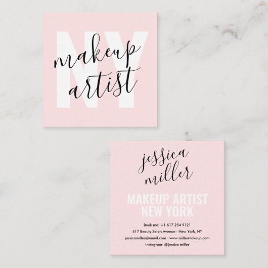 Moderne handtekening script licht roze make-up art vierkante visitekaartje (Voorkant / Achterkant)
