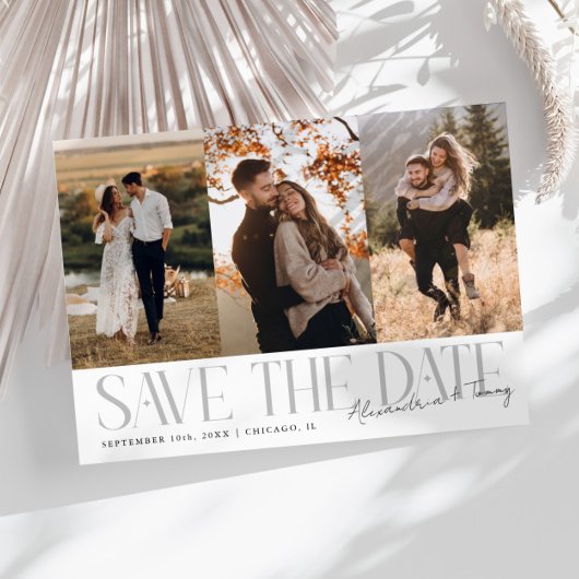 Moderne handtekening van het paar in wit met meerd save the date