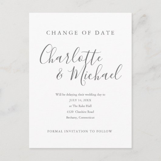 Moderne handtekening Verander de datum Uitgesteld Aankondigingskaart (Voorkant)