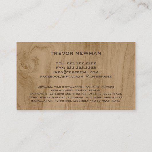 Moderne handyman Carpenter Tools Wood Visitekaartje (Achterkant)
