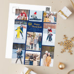 Moderne Hanukkah Familie Foto Collage Blauw Goud Feestdagenkaart<br><div class="desc">Chique aanpasbare joodse familie fotocollage Chanoeka briefkaart met een collectie van winterfoto's. Voeg 9 van je favoriete Chanoeka herinneringen toe aan deze moderne 9 foto lay-out rond een menora en gouden script. Fijne Chanoeka briefkaarten.</div>