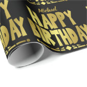 Moderne Happy Birthday Zwart Goud Typografie Cadeaupapier (Rol Hoek)