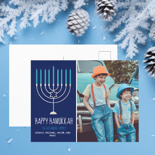 Moderne Happy Chanoeka familie foto blauw Briefkaart