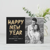 Moderne Happy New Year Black en Gold Photo Feestdagenkaart (Staand voorkant)