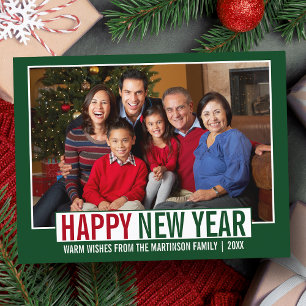 Moderne Happy New Year Familie Foto Groen Briefkaart