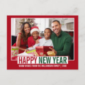 Moderne Happy New Year Familie Foto rood Briefkaart (Voorkant)