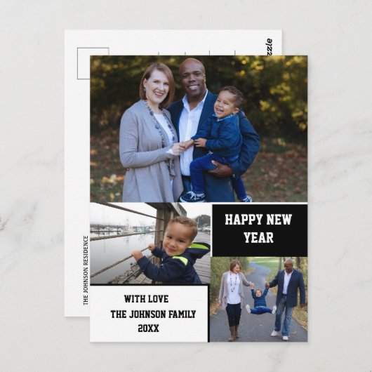 Moderne Happy Nieuwjaar 3 Foto Collage Briefkaart (Voorkant / Achterkant)