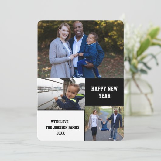 Moderne Happy Nieuwjaar 3 Foto Collage Feestdagenkaart (Staand voorkant)