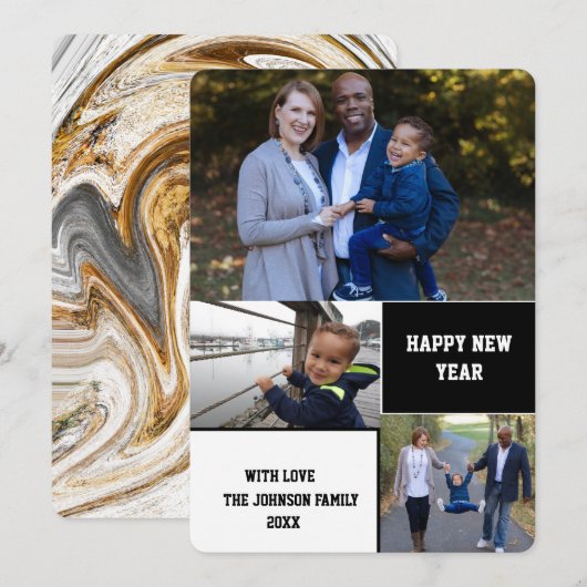 Moderne Happy Nieuwjaar 3 Foto Collage Feestdagenkaart (Voorkant / Achterkant)