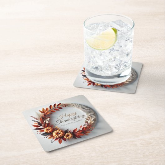Moderne Happy Thanksgiving Floral Krans Custom Kartonnen Onderzetters (Insitu)