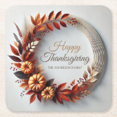 Moderne Happy Thanksgiving Floral Krans Custom Kartonnen Onderzetters (Voorkant)