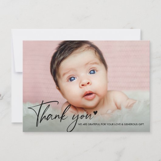 Moderne Hart Baby Shower Bedankje script Foto Bedankkaart (Voorkant)