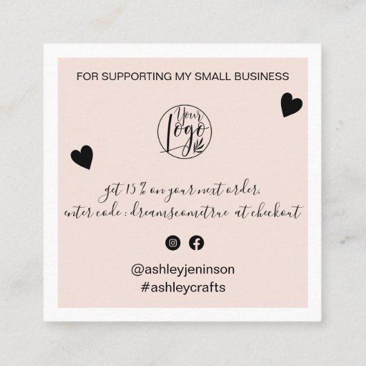 Moderne harten dank u script orde blush roze vierkante visitekaartje (Achterkant)