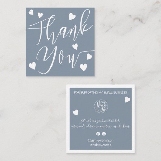 Moderne harten danken u de bitsvolgorde dusty blau vierkante visitekaartje (Voorkant / Achterkant)