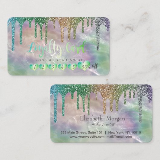 Moderne harten Glitter maakt holografisch parel Klantenkaartje (Voorkant / Achterkant)