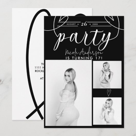 Moderne Harten Zwart & Wit Foto Verjaardagsfeest (Voorkant / Achterkant)