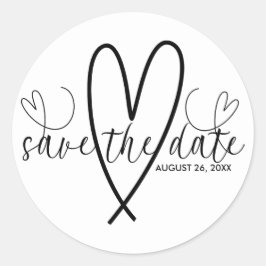 Moderne Harten Zwart & Wit Minimaal Save the Date Ronde Sticker