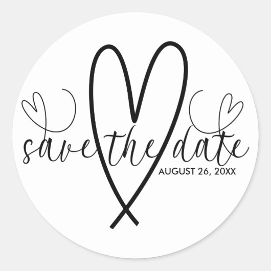 Moderne Harten Zwart & Wit Minimaal Save the Date Ronde Sticker (Voorkant)