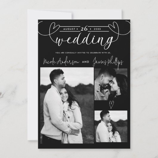 Moderne Harten Zwart & Wit Minimal Wedding (Voorkant)