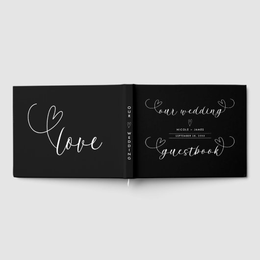 Moderne Harten Zwart & Wit Minimal Wedding Gastenboek (Volledig)
