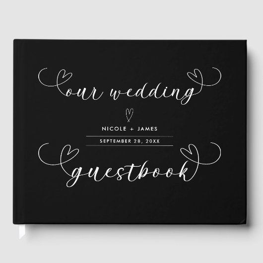 Moderne Harten Zwart & Wit Minimal Wedding Gastenboek (Voorkant)