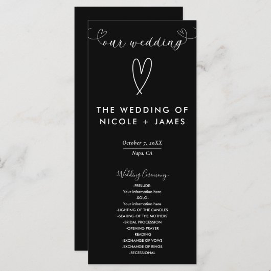 Moderne Harten Zwart & Wit Minimal Wedding Programmakaart (Voorkant / Achterkant)