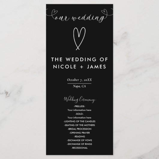 Moderne Harten Zwart & Wit Minimal Wedding Programmakaart (Voorkant)