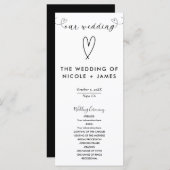 Moderne Harten Zwart & Wit Minimal Wedding Programmakaart (Voorkant / Achterkant)