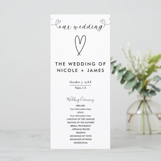 Moderne Harten Zwart & Wit Minimal Wedding Programmakaart (Staand voorkant)