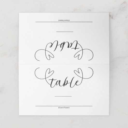 Moderne Harten Zwart & Wit Minimale Trouwtafel Plaatskaartje (Buitenkant ongevouwen)