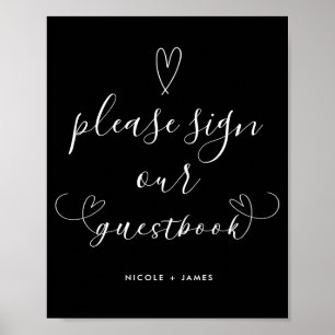 Moderne Harten Zwart & Wit Trouwgastboek Handteken Poster