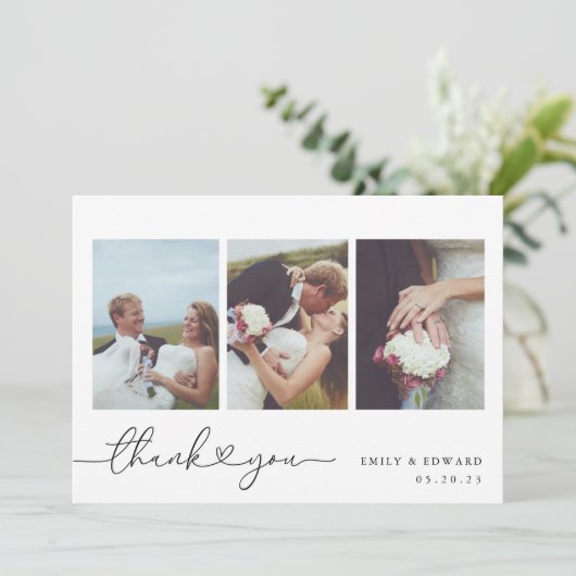 Moderne hartkalligrafie Fotocollage bruiloft Bedankkaart (Staand voorkant)