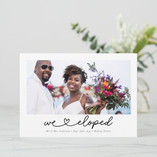 Moderne hartkalligrafie We Eloped Foto Aankondiging (Staand voorkant)