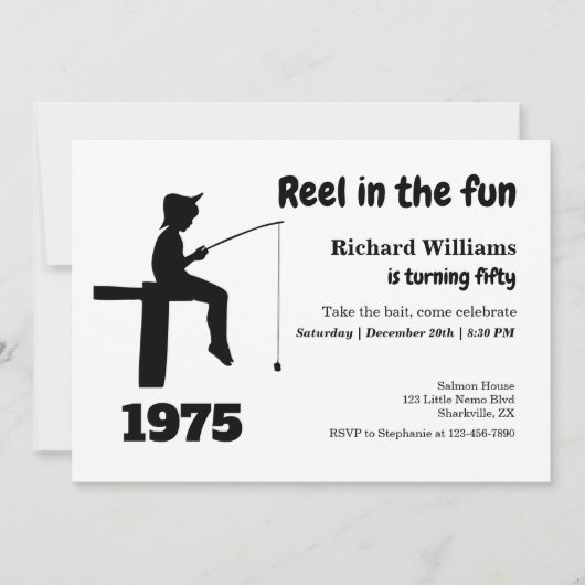 Moderne haspel in de leuke visser 50e verjaardag kaart (Voorkant)