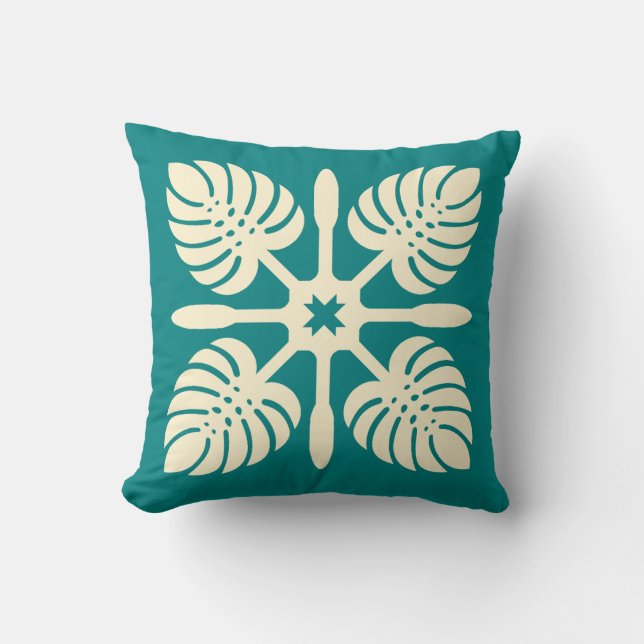 Moderne Hawaiiaanse Quilt Green Paddle Monstera Is Kussen (Voorkant)