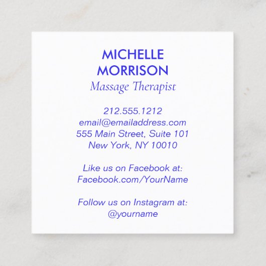 Moderne Healing Hands Massage, Wellness Blue Logo Vierkante Visitekaartje (Achterkant)