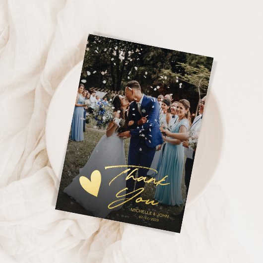 Moderne heart Weddenschap met fotoscript Bedankt Folie Wenskaart