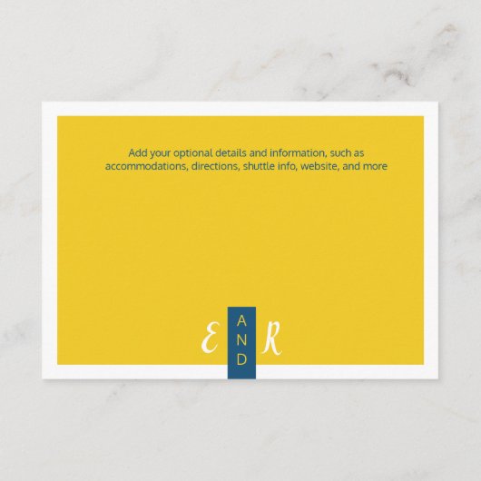 Moderne hedendaagse blauwe en gele bruiloft minima informatiekaartje (Achterkant)