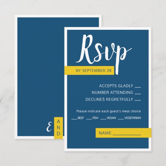 Moderne hedendaagse blauwe en gele bruiloft minima RSVP kaartje (Voorkant / Achterkant)