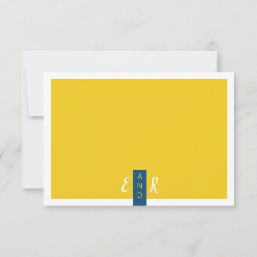 Moderne hedendaagse blauwe en gele bruiloft minima RSVP kaartje (Achterkant)