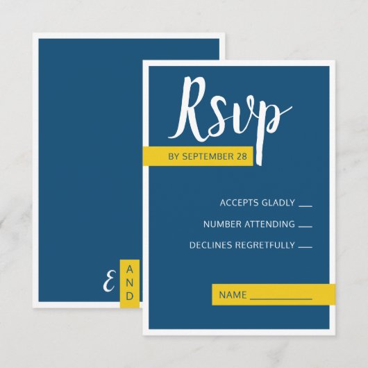 Moderne hedendaagse blauwe en gele bruiloft minima RSVP kaartje (Voorkant / Achterkant)