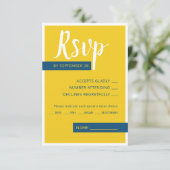 Moderne hedendaagse blauwe en gele bruiloft minima RSVP kaartje (Staand voorkant)