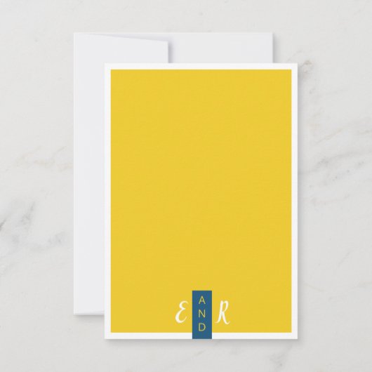 Moderne hedendaagse blauwe en gele bruiloft minima RSVP kaartje (Achterkant)