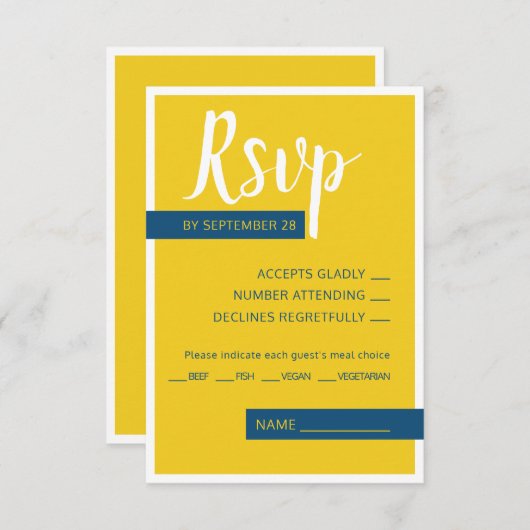 Moderne hedendaagse blauwe en gele bruiloft minima RSVP kaartje (Voorkant / Achterkant)