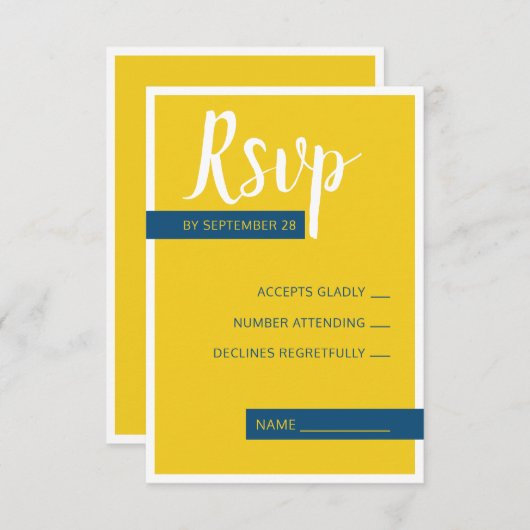 Moderne hedendaagse blauwe en gele bruiloft minima RSVP kaartje (Voorkant / Achterkant)
