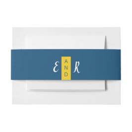 Moderne hedendaagse blauwe en gele trouwmonogram uitnodigingen wikkel