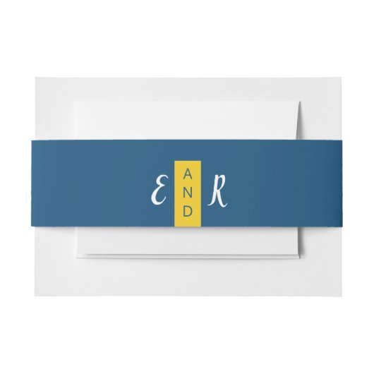 Moderne hedendaagse blauwe en gele trouwmonogram uitnodigingen wikkel (Voorkant Voorbeeld)