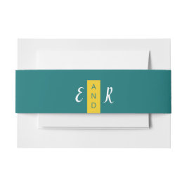 Moderne hedendaagse blauwgroen en gele trouwmonogr uitnodigingen wikkel