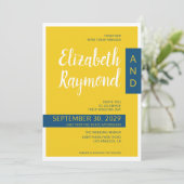 Moderne hedendaagse gele en blauwe minimale bruilo kaart (Staand voorkant)