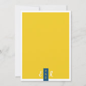 Moderne hedendaagse gele en blauwe minimale bruilo kaart (Achterkant)